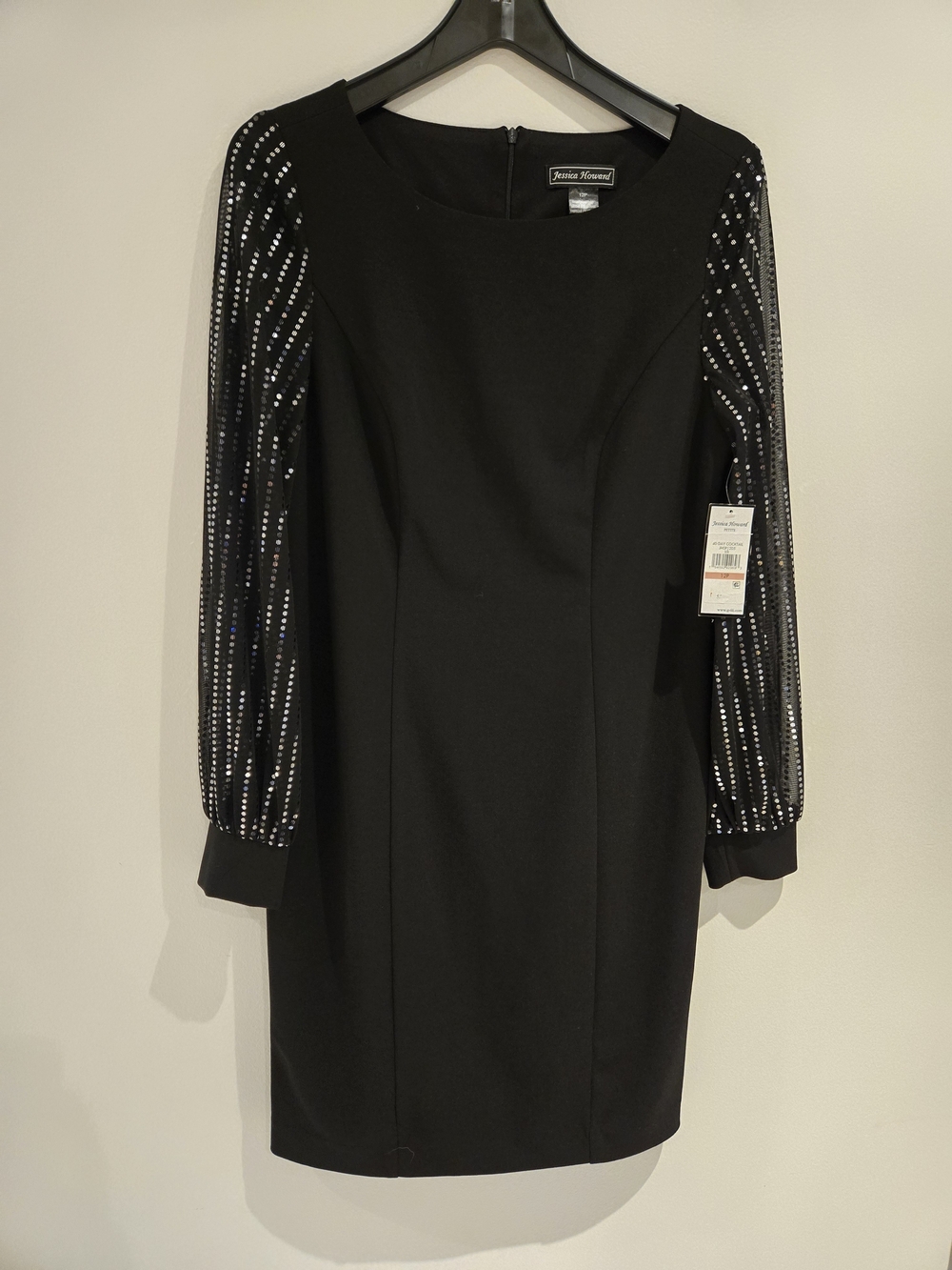 Jessica Howard Black Sheath Dress with Embellished Mesh Sleeves